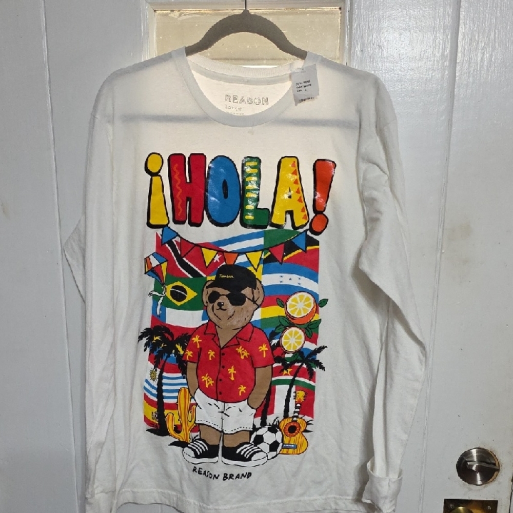 NWT Reason I Hola! Mens Longsleeve T-Shirt White W/Colorful Bear Streetwear Sz L